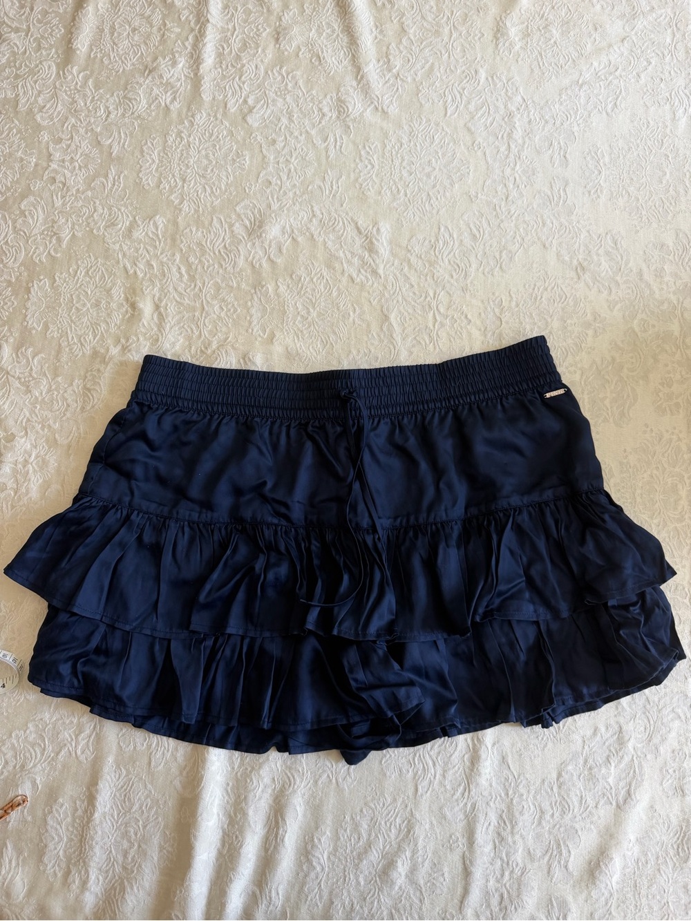 PINK Satin Navy Ruffle Mini Skirt